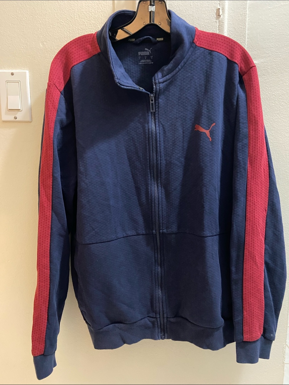 Puma Men's Navy Blue Jacket with Red Stripes Zip-Up Sweater